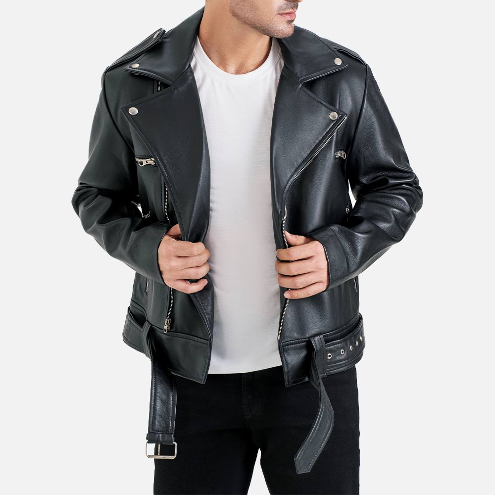Positano Black Biker Leather Jacket holding jacket