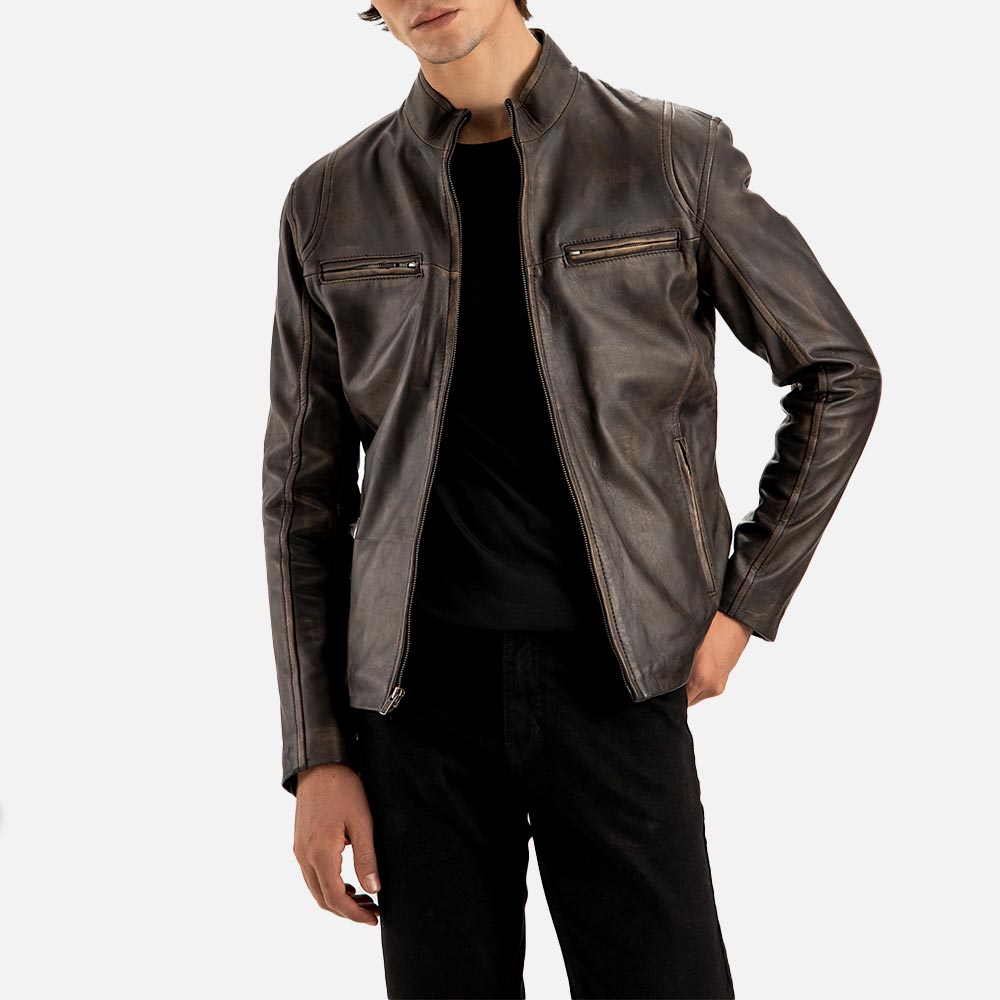 Product Firenze Distressed Brown Leather Biker Jacket open front