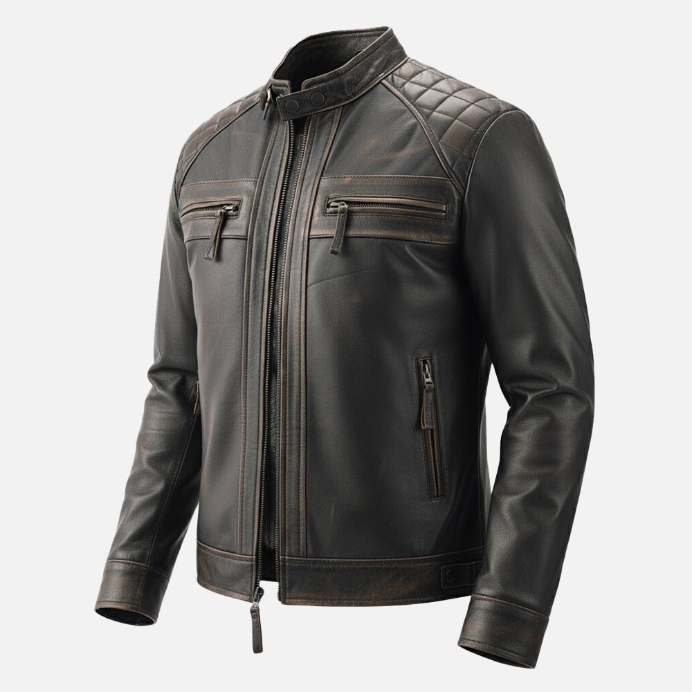Product Salerno Distressed Brown Leather Biker Jacket left