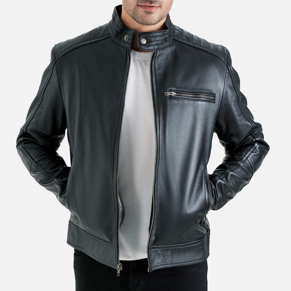 Puglia Black Leather Biker Jacket both hand in pocket