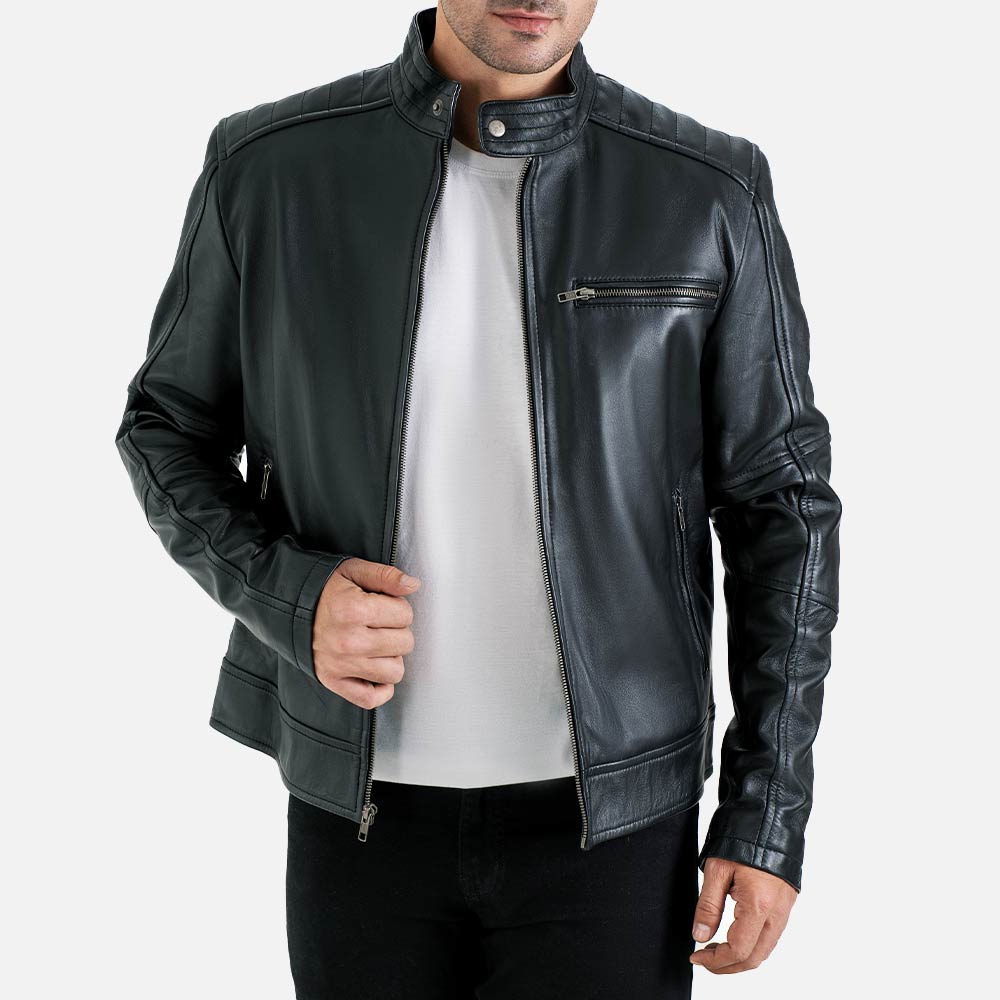 Puglia Black Leather Biker Jacket right hand hold jacket    