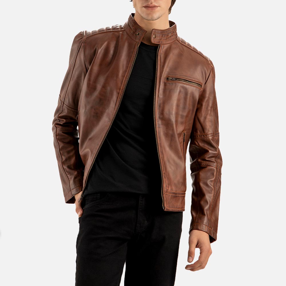 Puglia Brown Leather Biker Jacket front view
