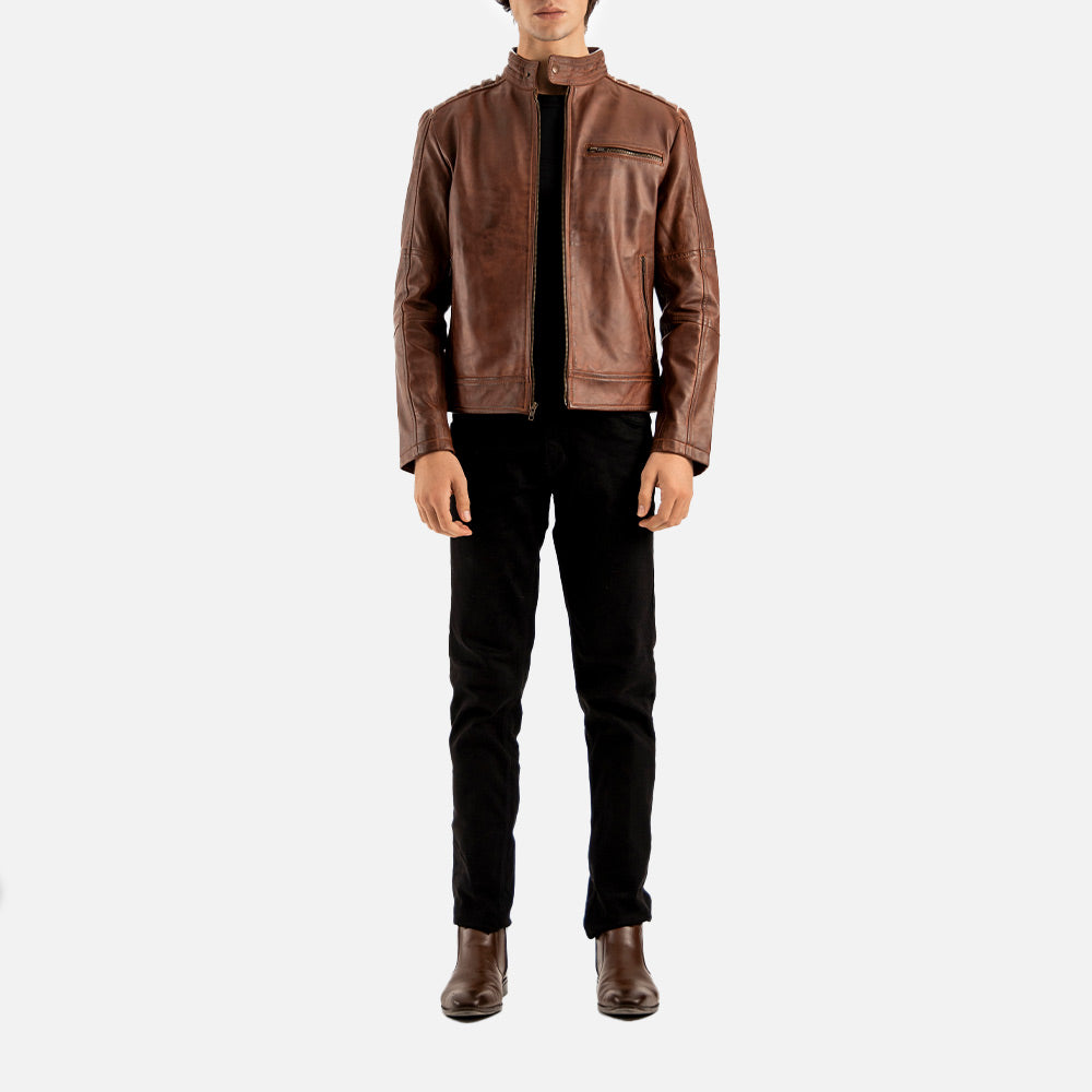 Puglia Brown Leather Biker Jacket full front view