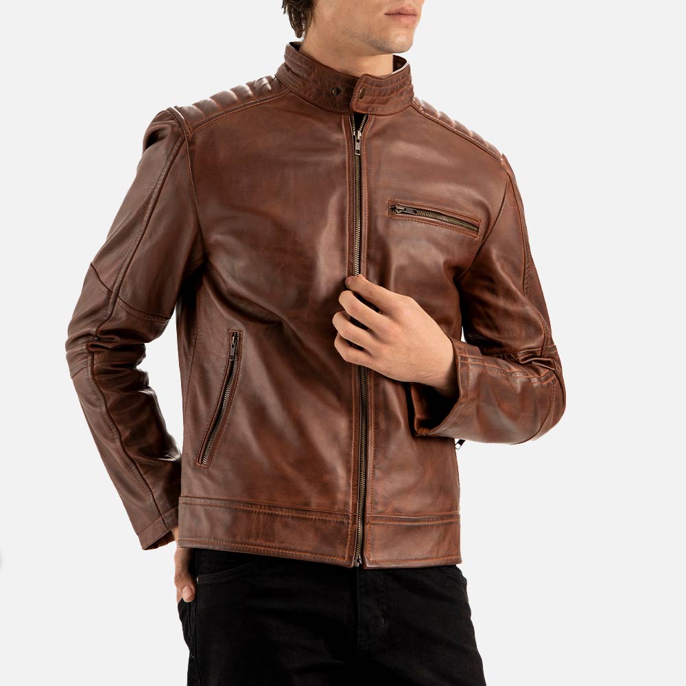 Puglia Brown Leather Biker Jacket hand on chest