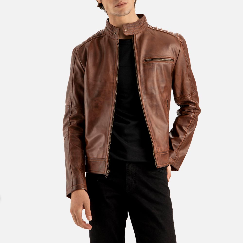 Puglia Brown Leather Biker Jacket open
