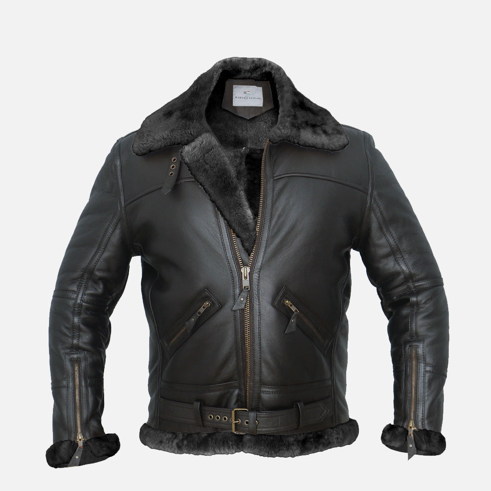 RAF Bomber Aviator Real Shearling Leather Bomber Jacket Black 