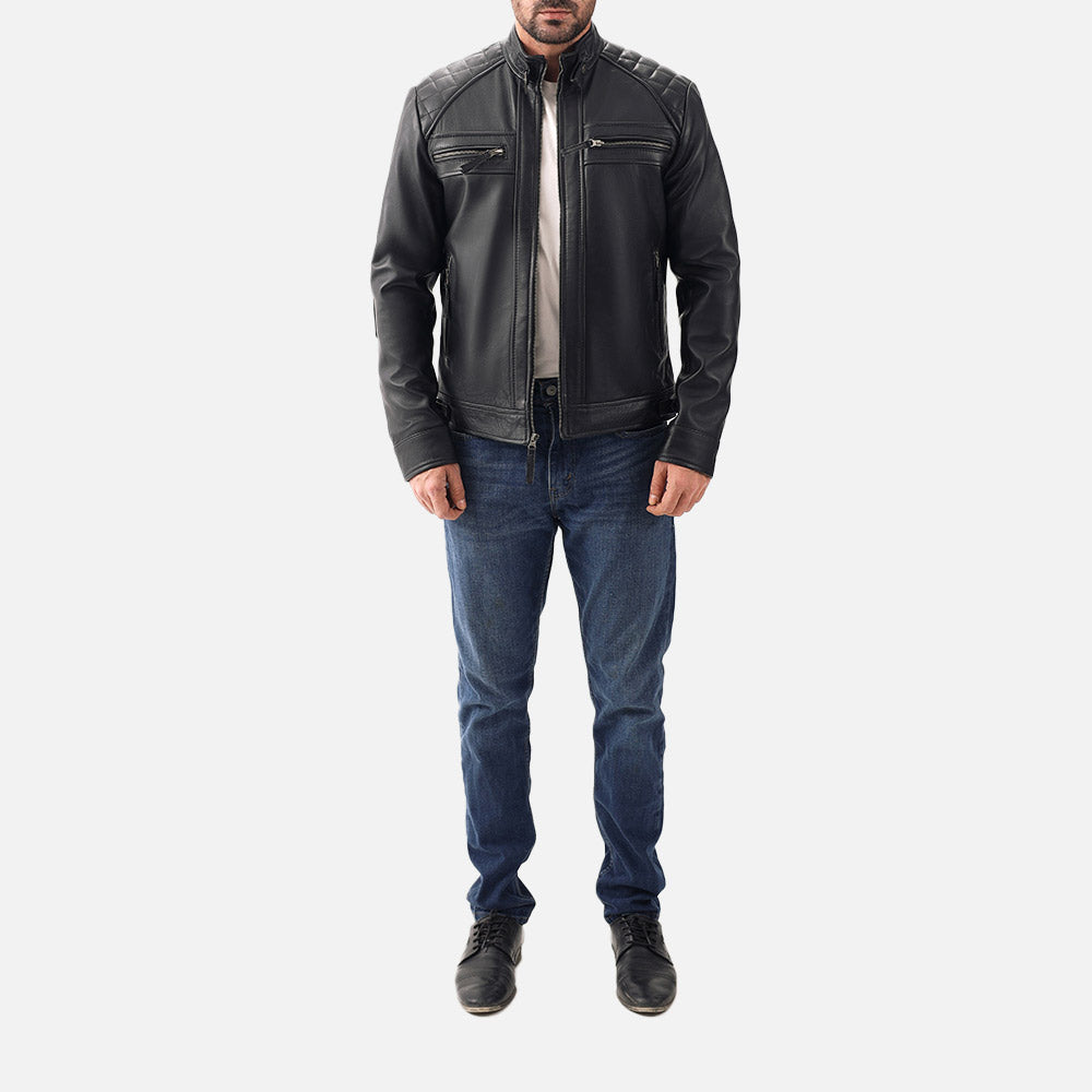 Salerno Black Leather Biker Jacket full front view