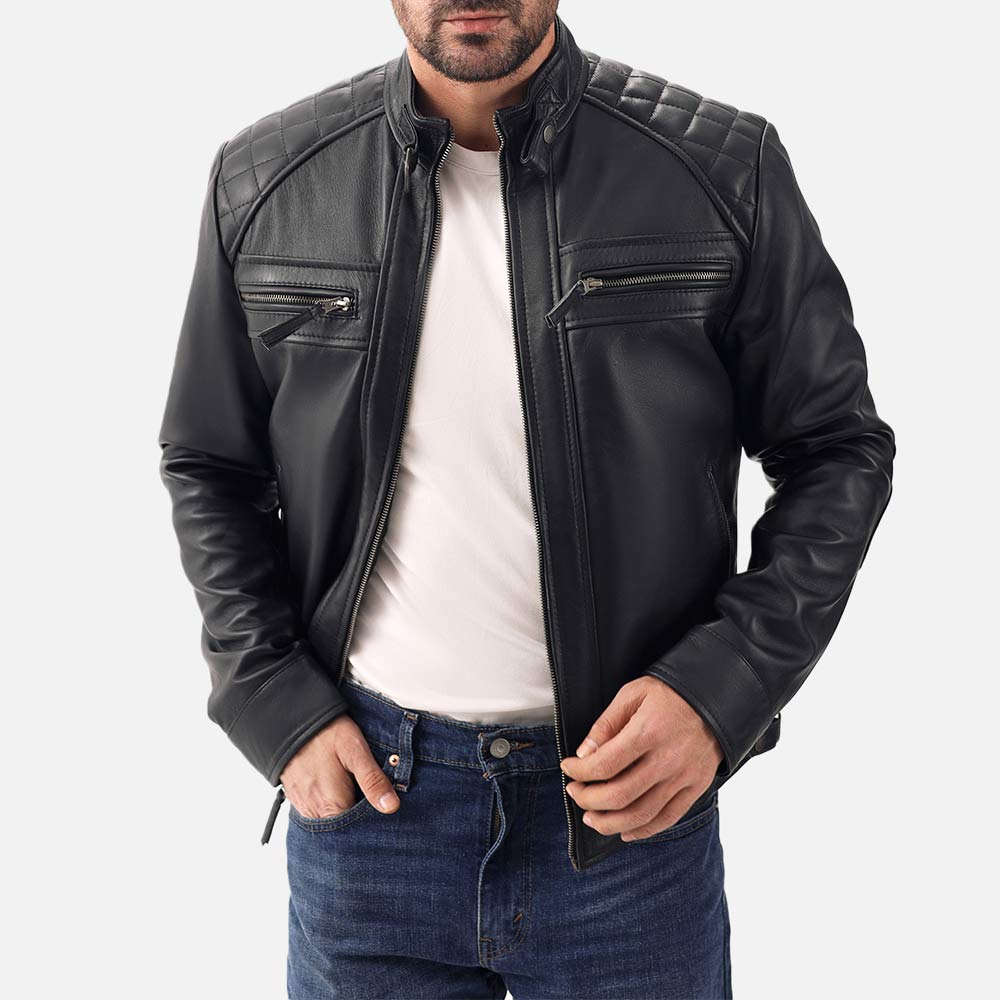 Salerno Black Leather Biker Jacket right hand in pocket