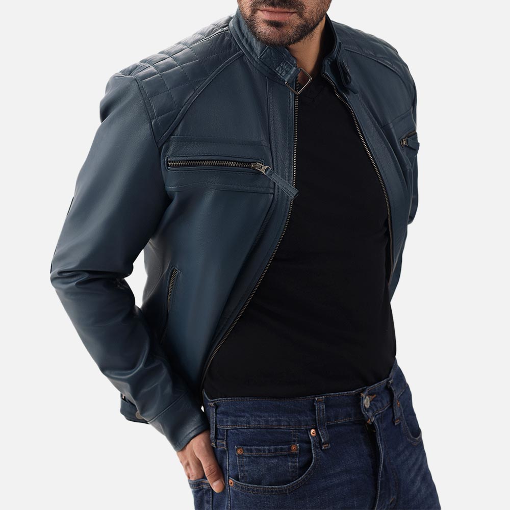 Salerno Blue Leather Biker Jacket front open