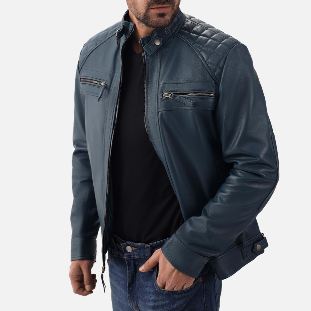Salerno Blue Leather Biker Jacket front open open left hand in pocket