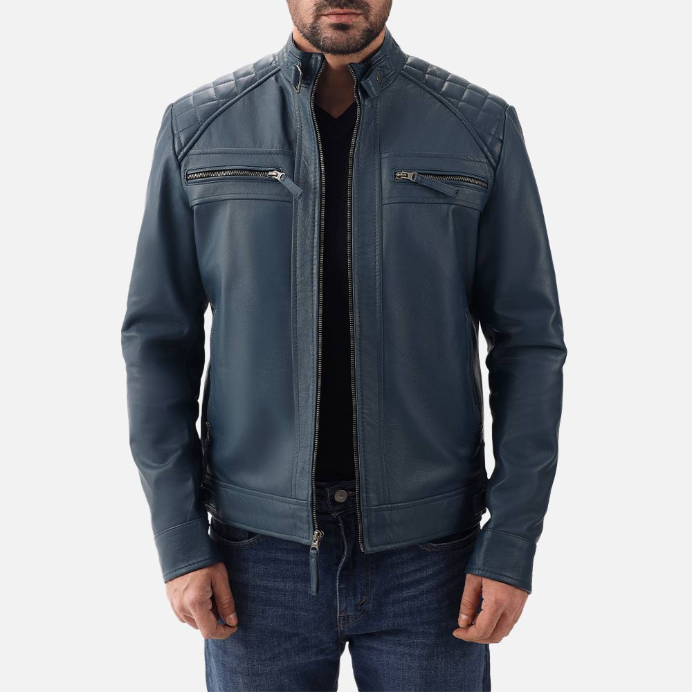 Salerno Blue Leather Biker Jacket front view