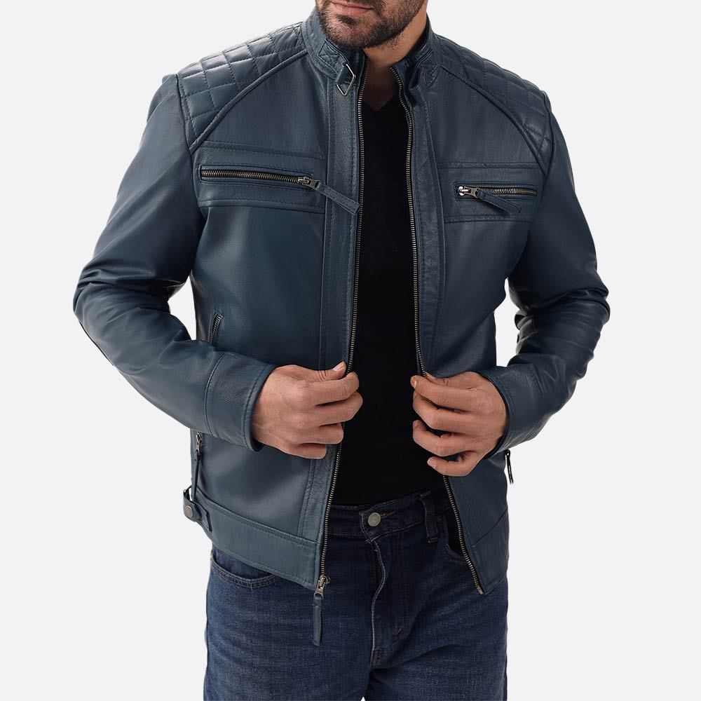 Salerno Blue Leather Biker Jacket holding jacket