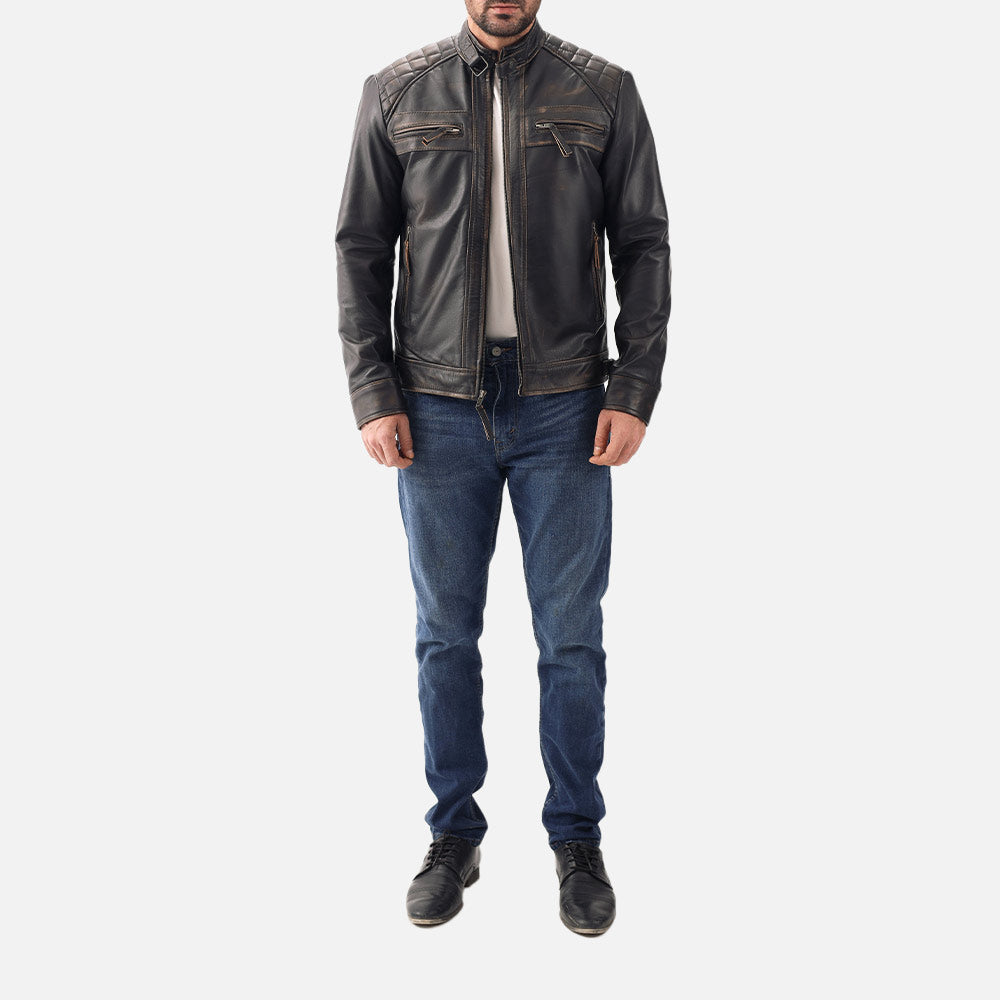 Salerno Distressed Brown Leather Biker Jacket full front viw
