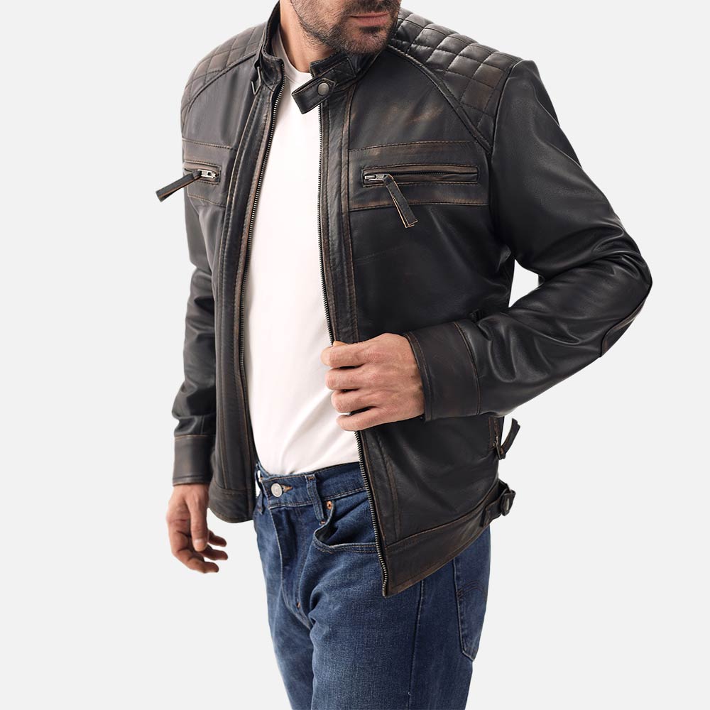 Salerno Distressed Brown Leather Biker Jacket hold a jacket