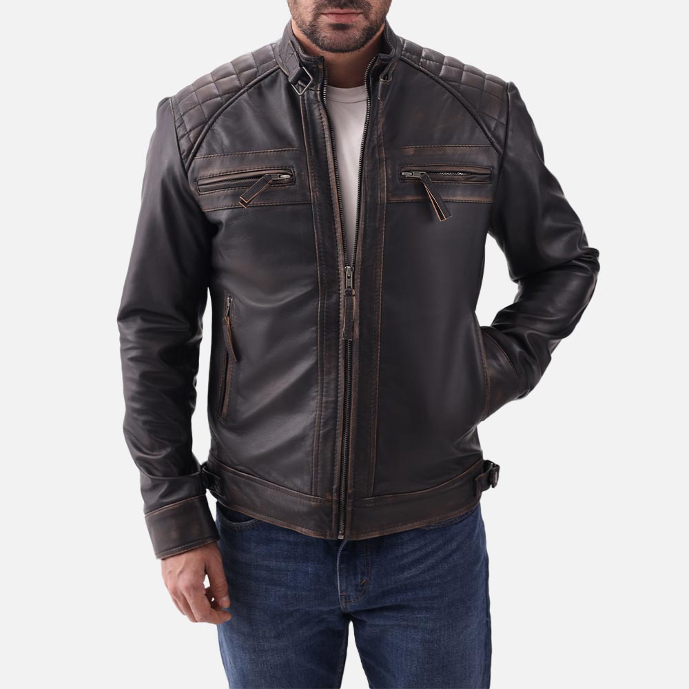 Salerno Distressed Brown Leather Biker Jacket on hand in pocket