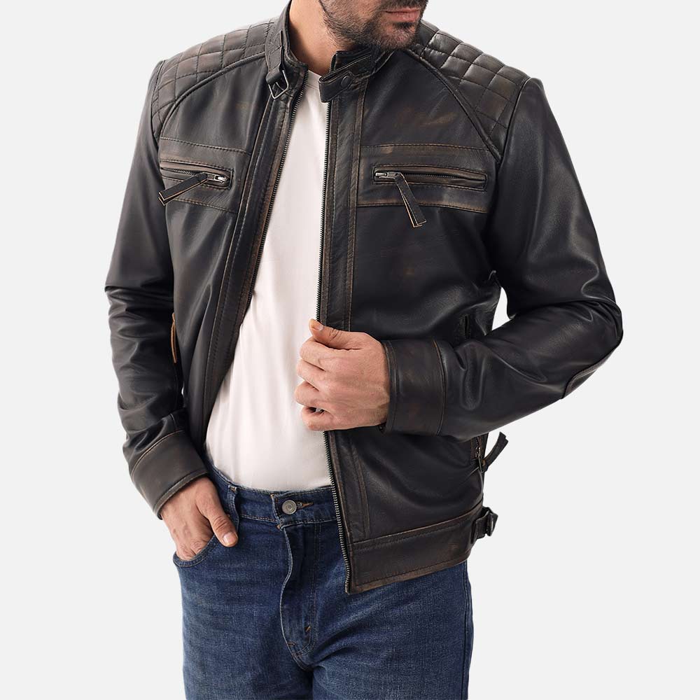 Salerno Distressed Brown Leather Biker Jacket open front