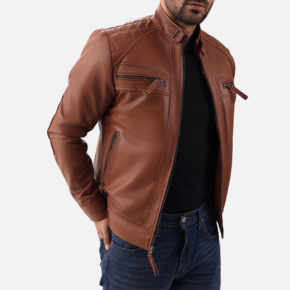 Salerno Tan Leather Biker Jacket both hand is back