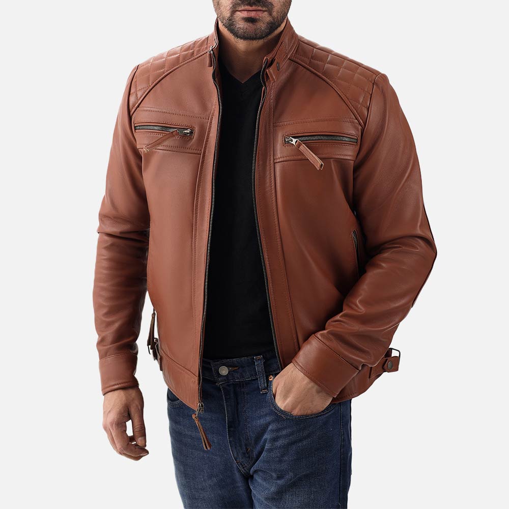 Salerno Tan Leather Biker Jacket front open