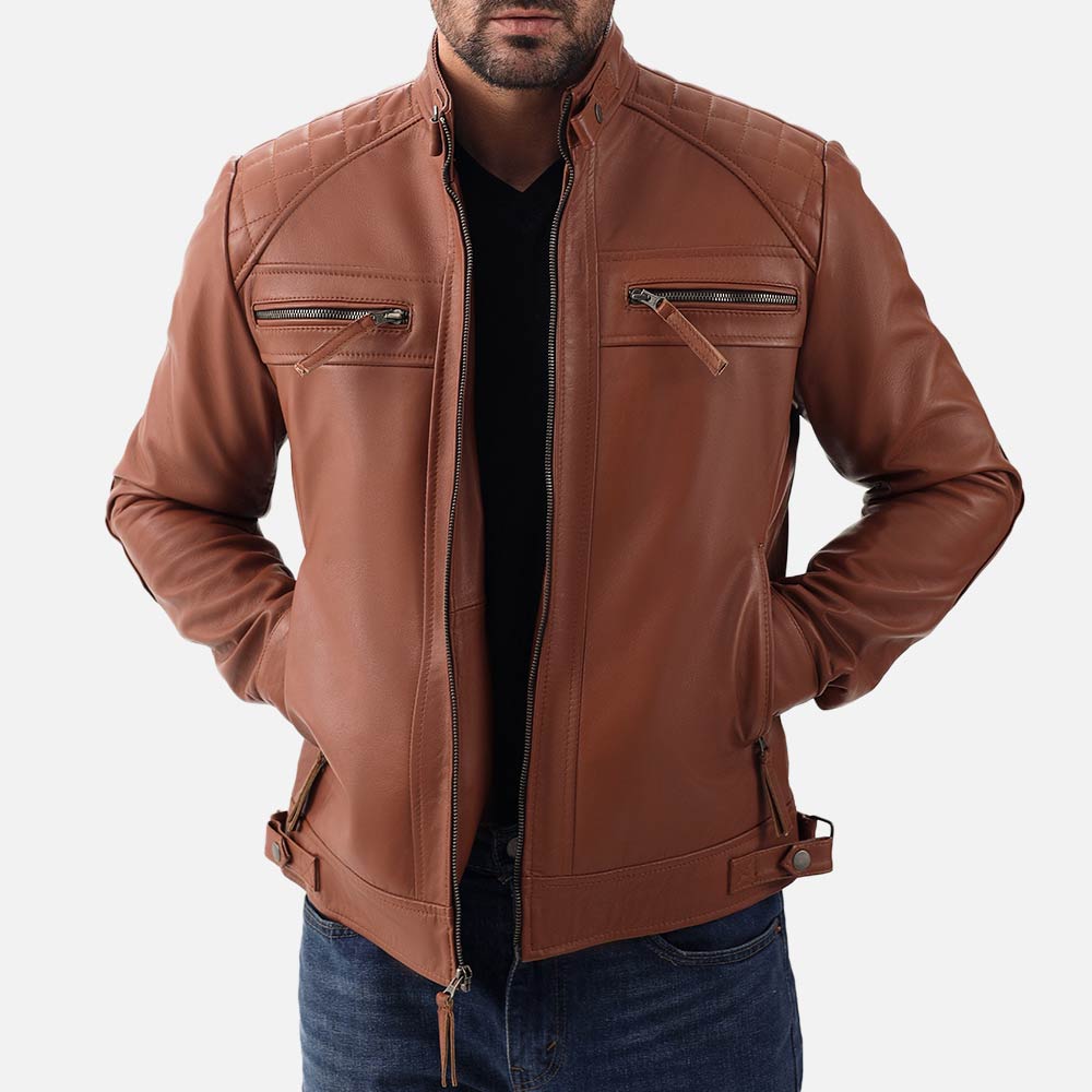 Salerno Tan Leather Biker Jacket hand in pocket 
