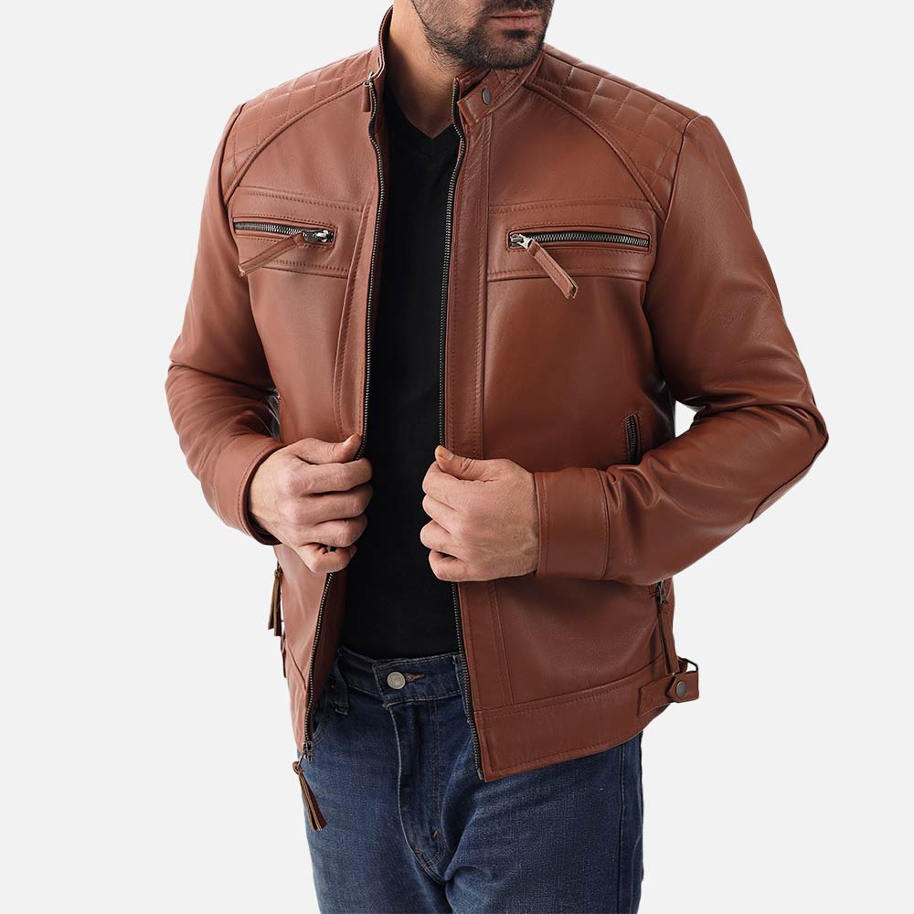 Salerno Tan Leather Biker Jacket holding jacket