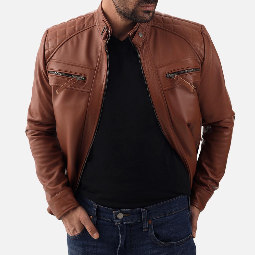 Salerno Tan Leather Biker Jacket open