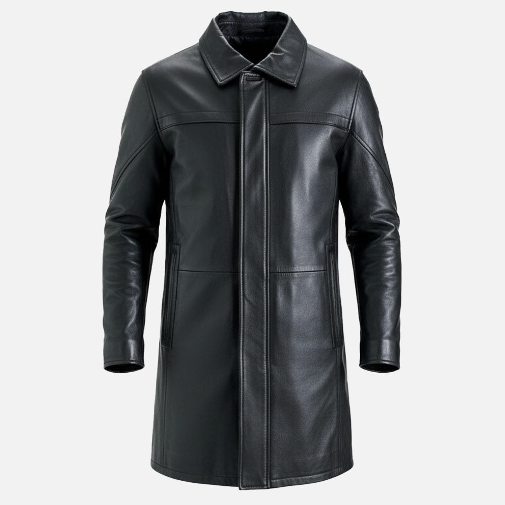 Sardegna Black Leather Coat front view 