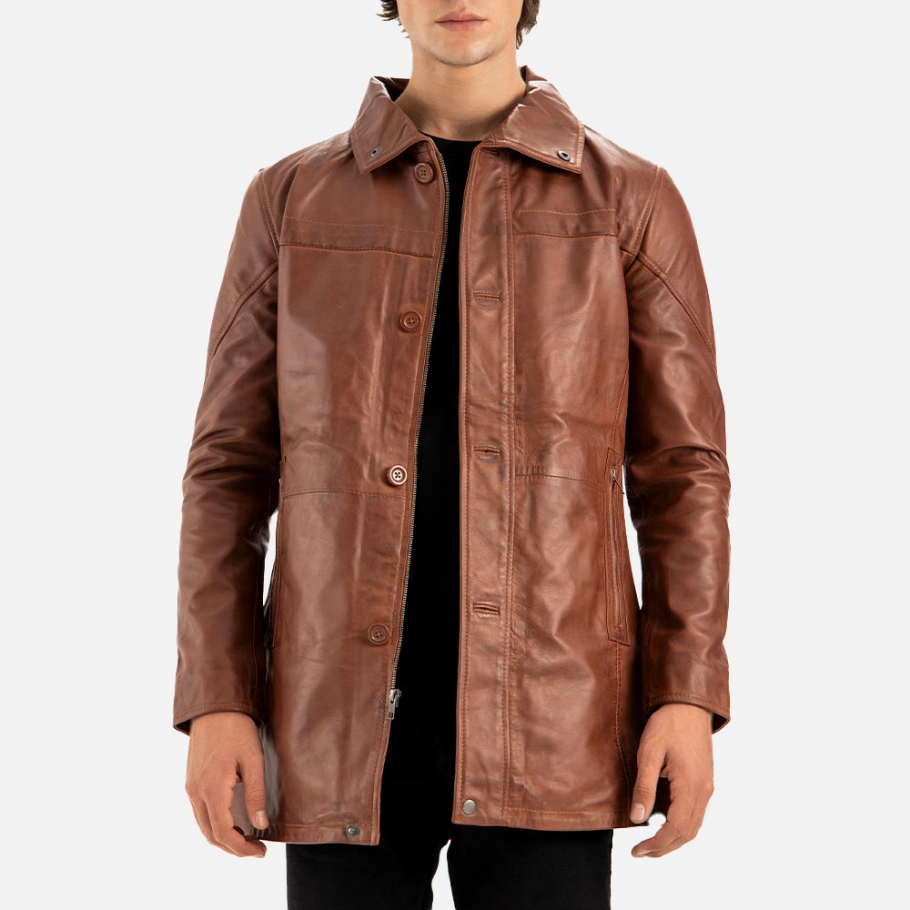 Sardegna Brown Leather Coat front  side 