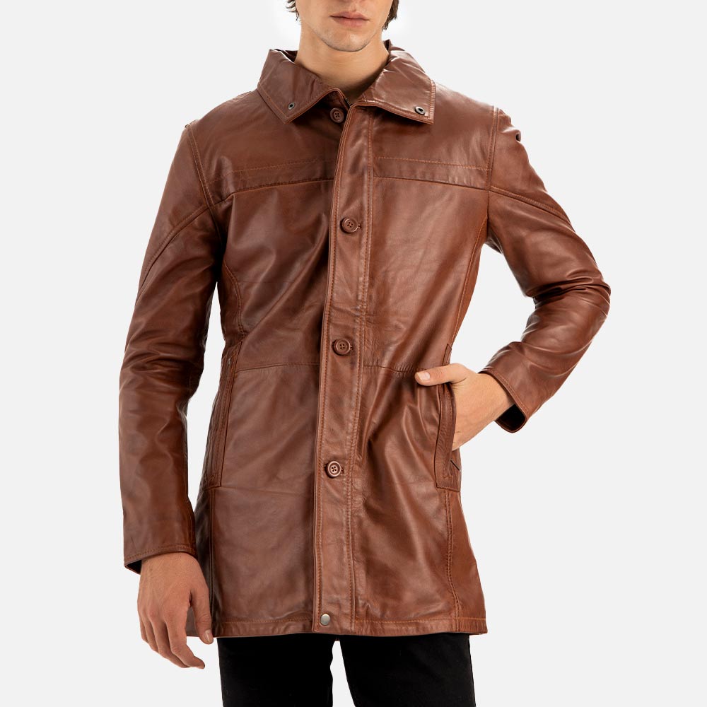 Sardegna Brown Leather Coat left hand in pocket