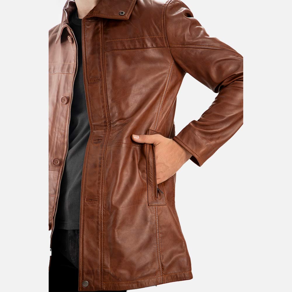 Sardegna Brown Leather Coat right hand in pocket