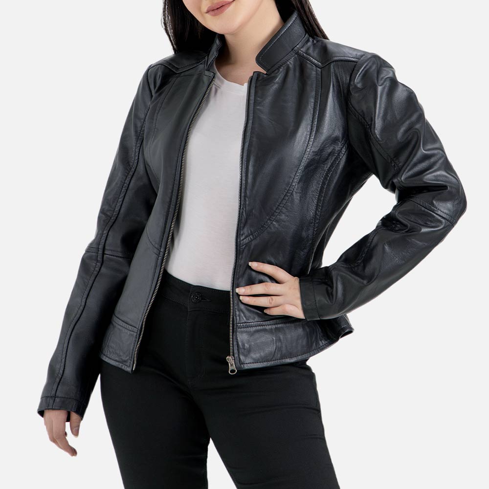 Sestriere Black Leather Biker Jacket  half face