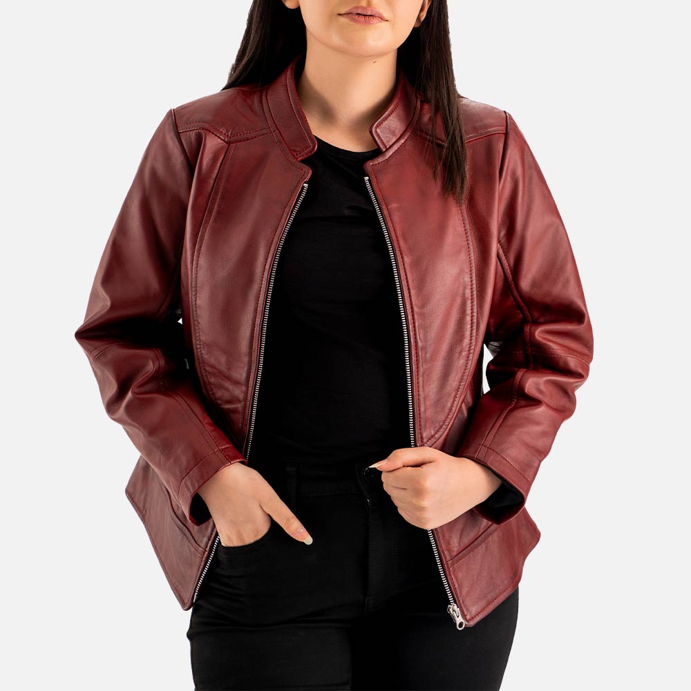 Sestriere Maroon Leather Biker Jacket bth hand