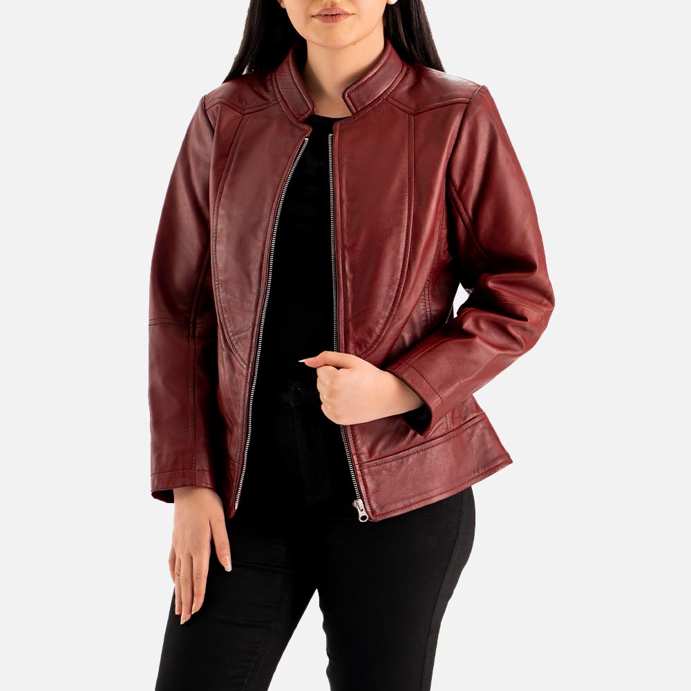 Sestriere Maroon Leather Biker Jacket half face