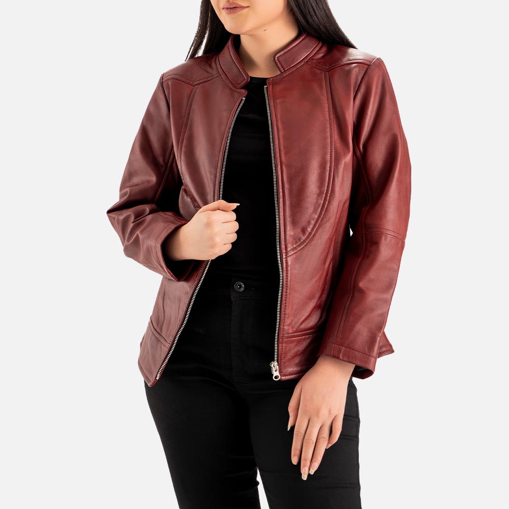 Sestriere Maroon Leather Biker Jacket openn