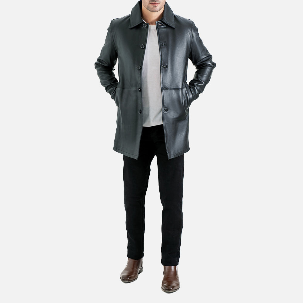Sicilia Black Leather Coat hand in pocket