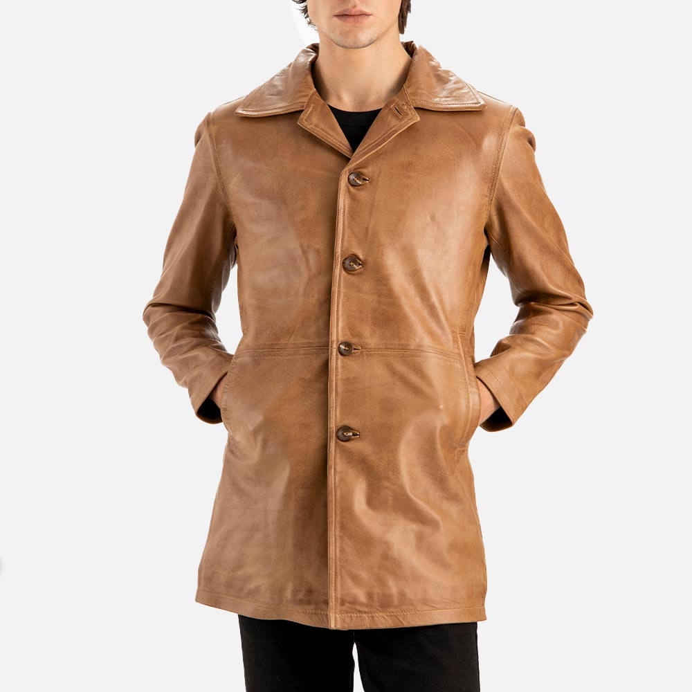 Sicilia Tan Leather Coat both hand in pocket