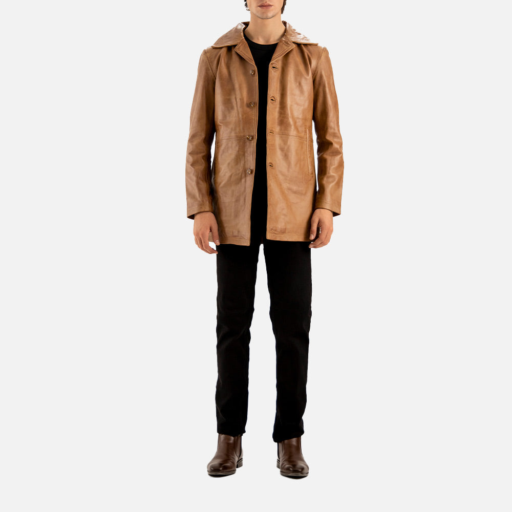 Sicilia Tan Leather Coat full front view