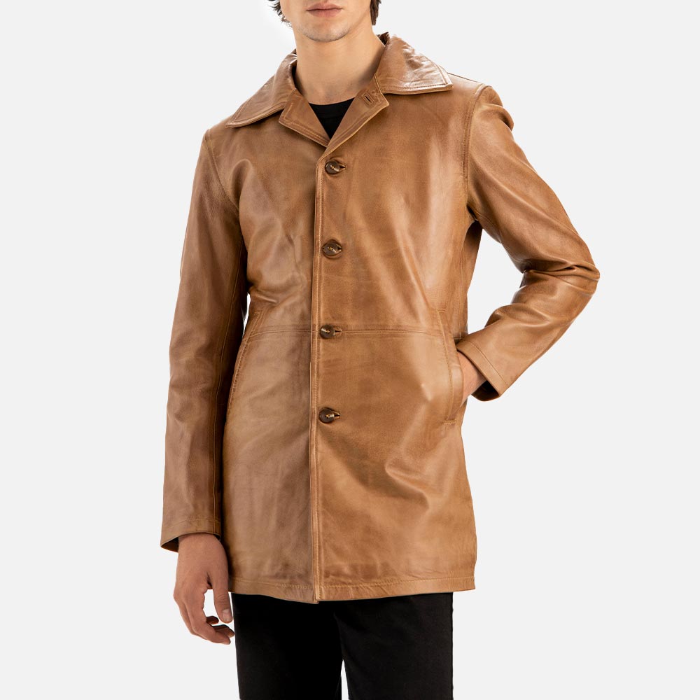 Sicilia Tan Leather Coat one hand in pocket