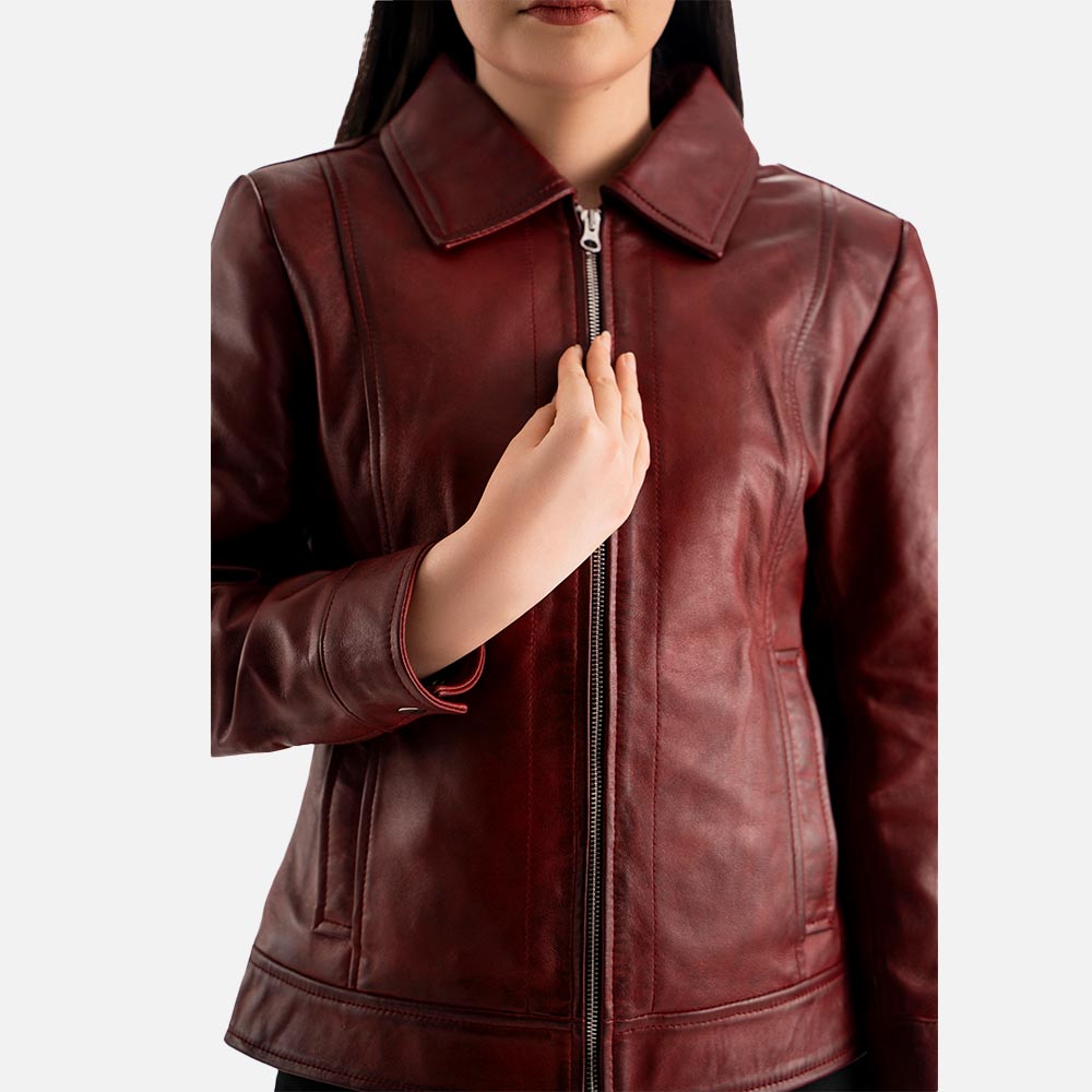 Taormina_Maroon_Leather_Jacket hand on chest