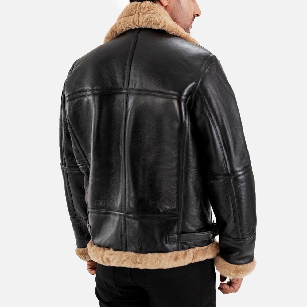 Trentino_B3_Black_Beige_Real_Shearling_Bomber_Jacket_back left hand
