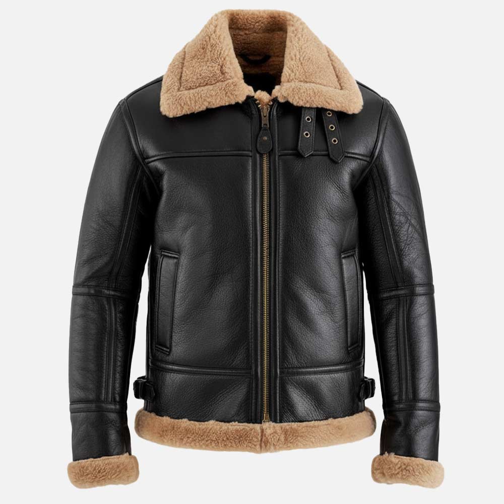 Trentino B3 Black & Beige Real Shearling Bomber Jacket front