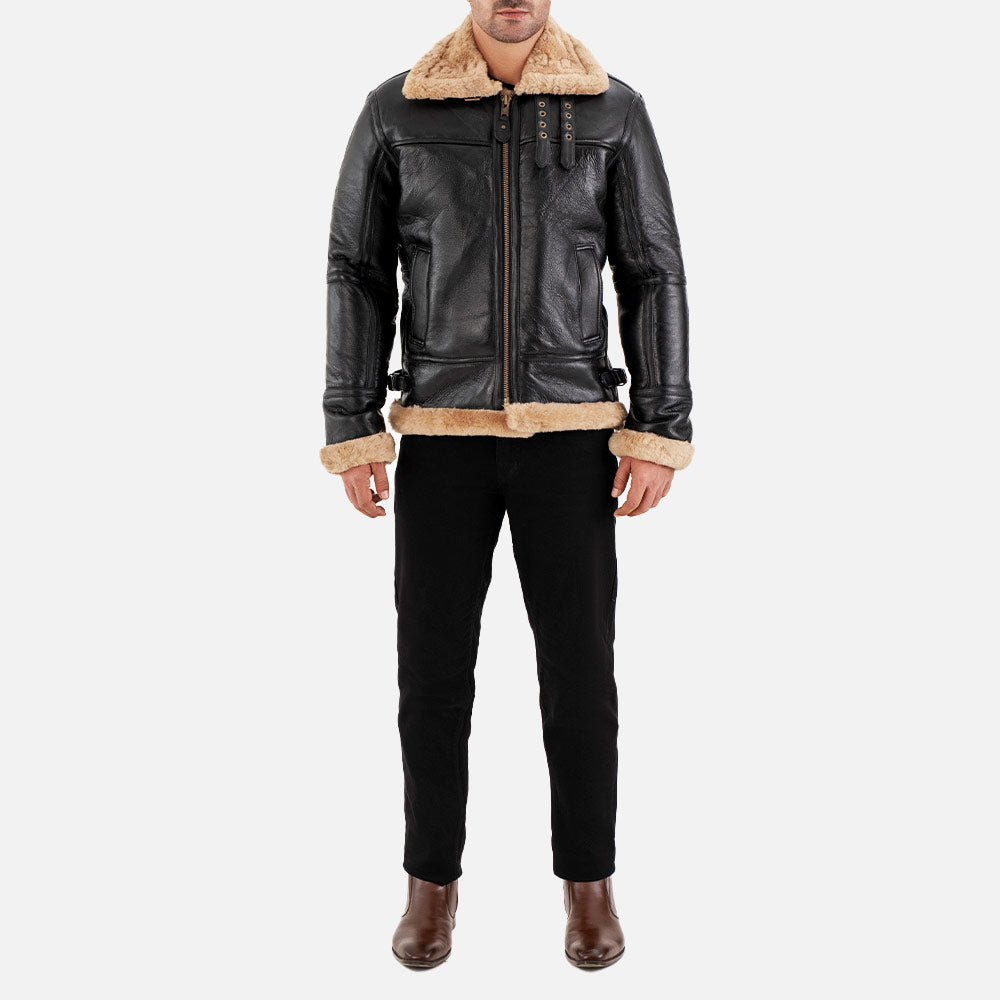 Trentino B3 Black & Beige Real Shearling Bomber Jacket  full body