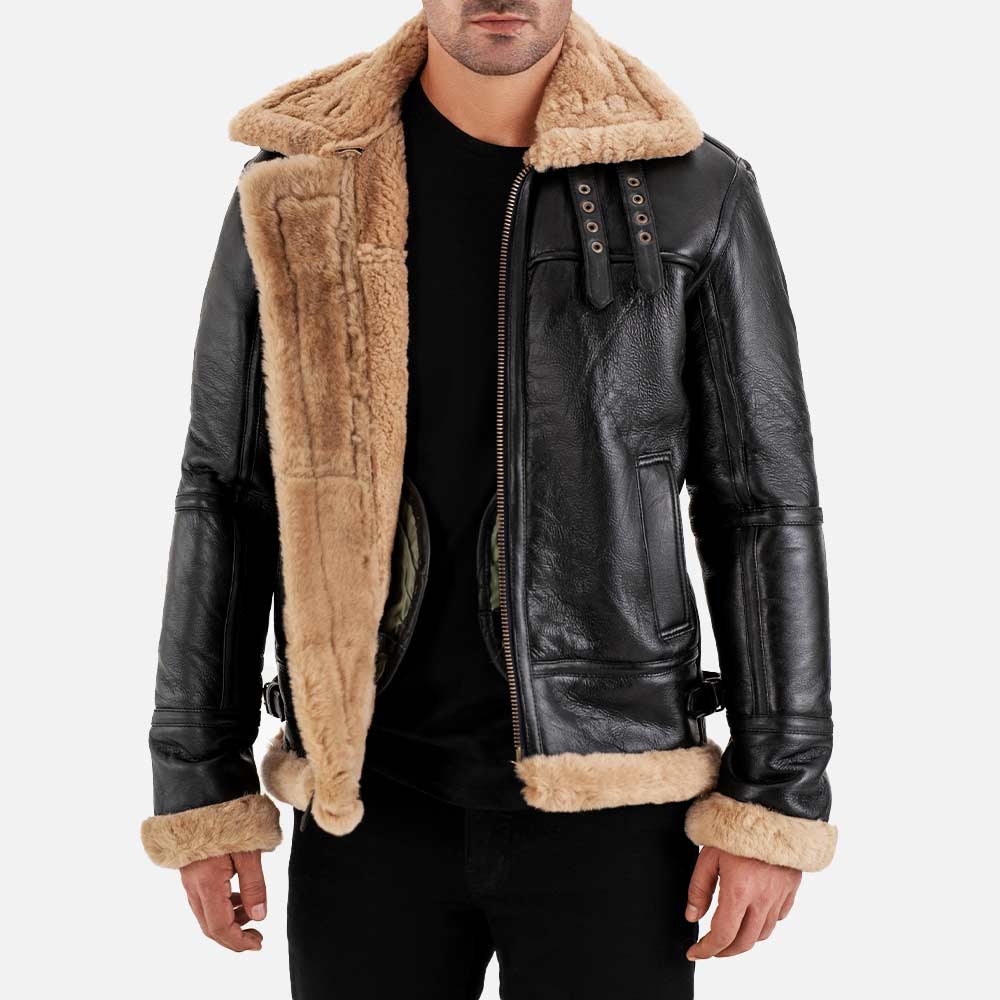 Trentino B3 Black & Beige Real Shearling Bomber Jacket  half open