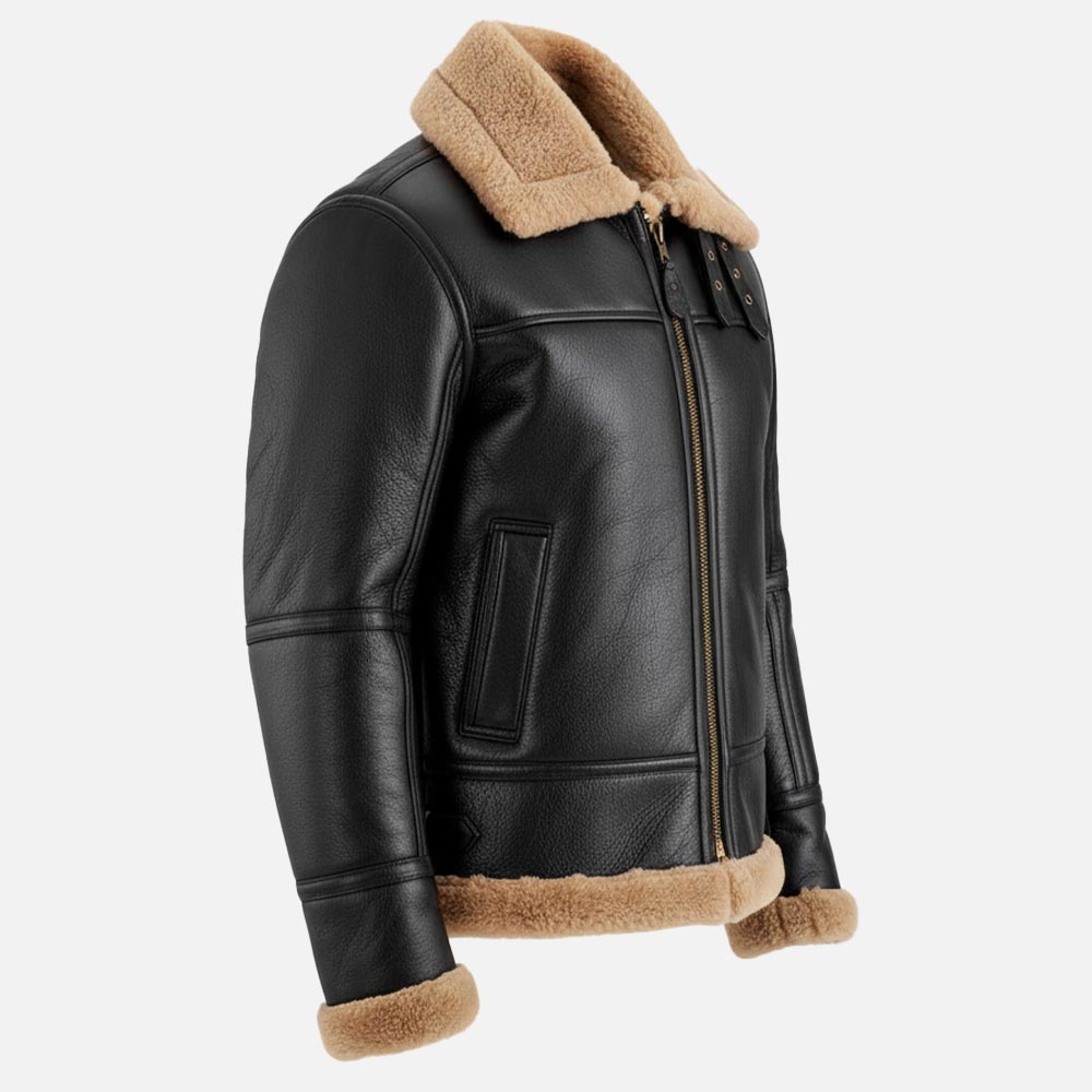 Trentino B3 Black & Beige Real Shearling Bomber Jacket right view