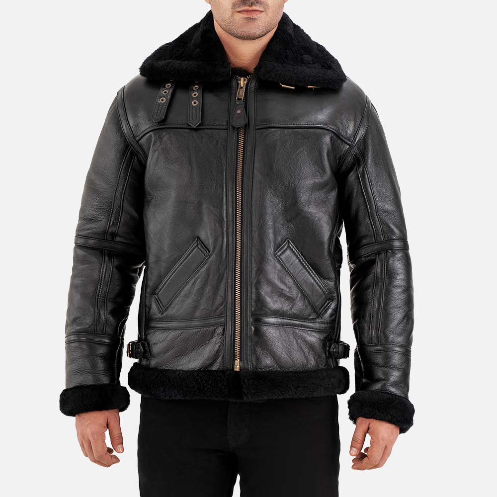 Trentino B3 Black Real Shearling Bomber Jacket front
