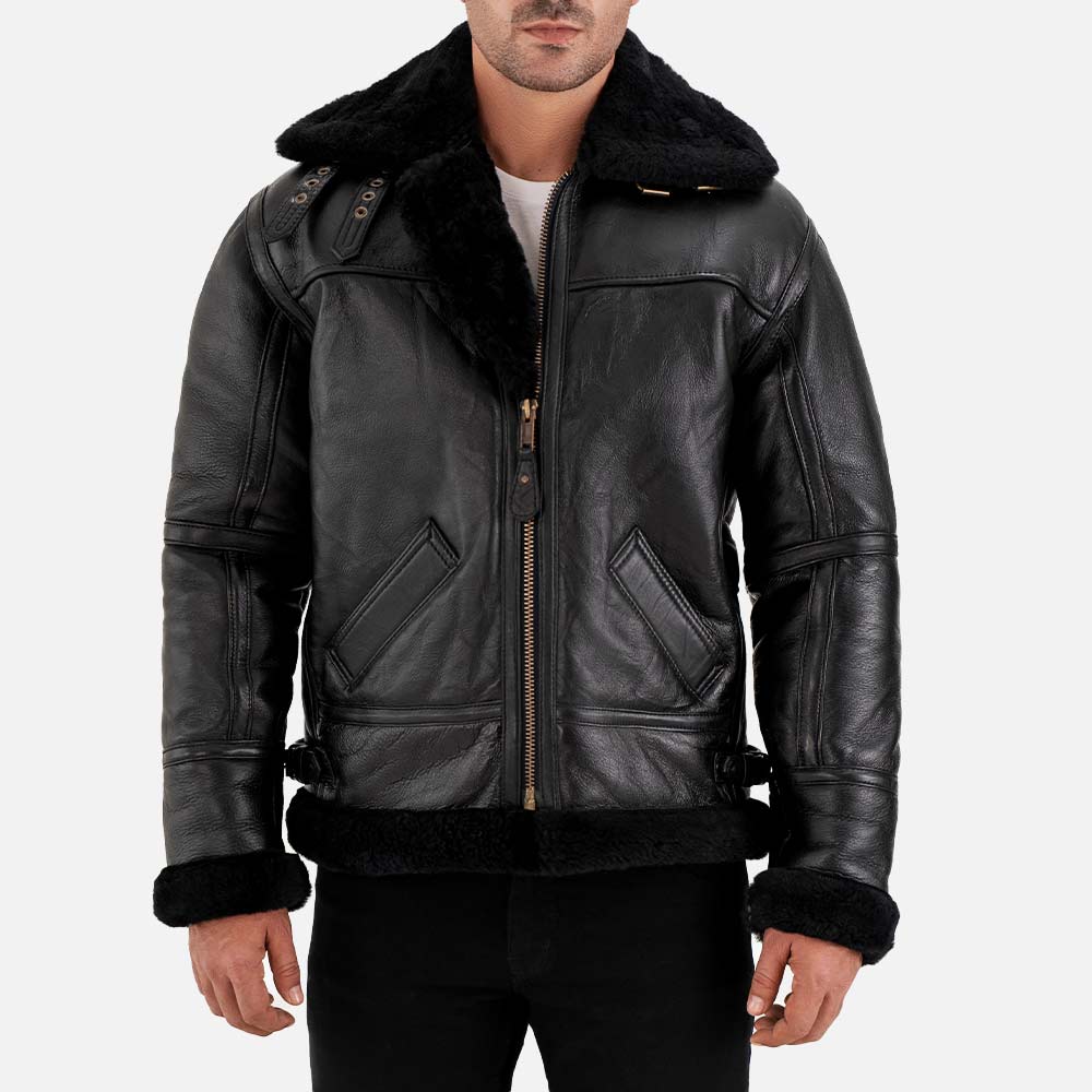 Trentino B3 Black Real Shearling Bomber Jacket  front  view