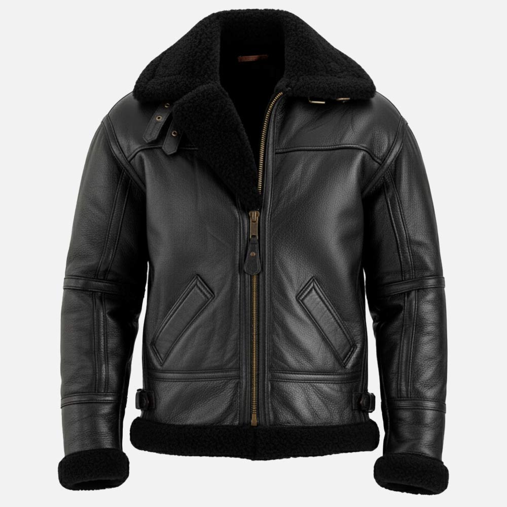 Trentino B3 Black Real Shearling Bomber Jacket frontt