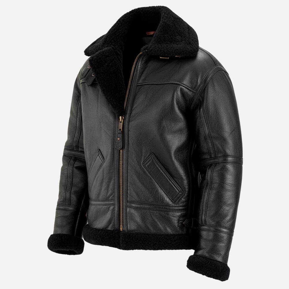 Trentino B3 Black Real Shearling Bomber Jacket half open