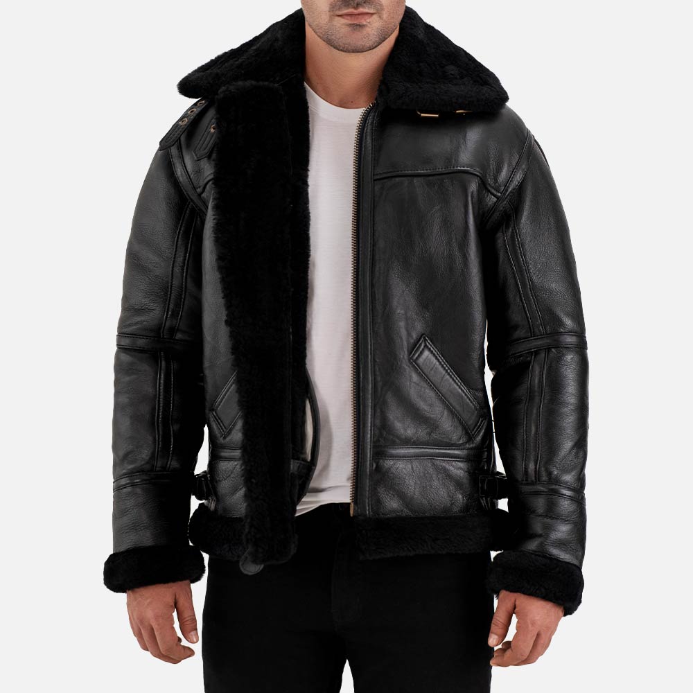 Trentino B3 Black Real Shearling Bomber Jacket open front