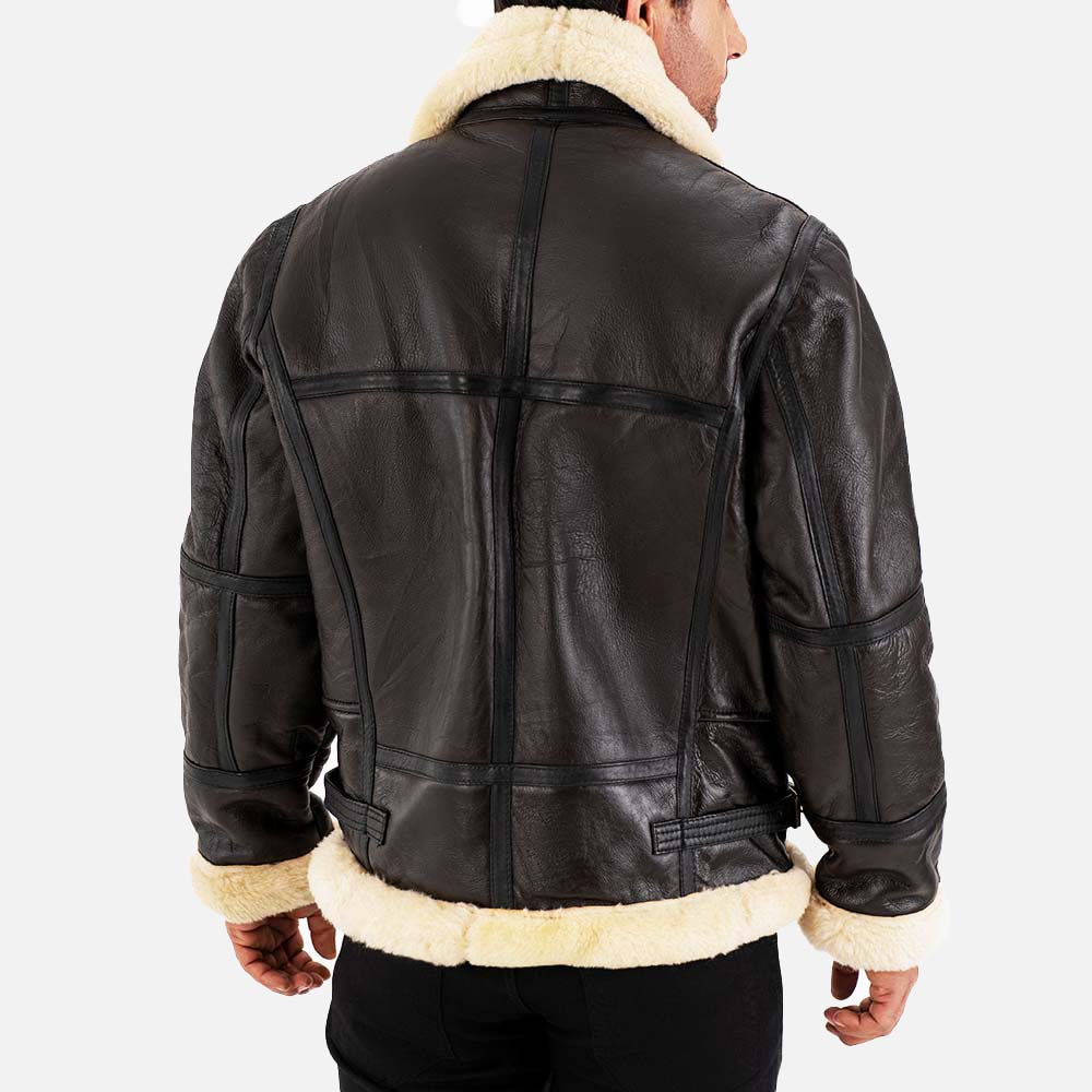 Black leather jacket with white fur lining on a plain background
