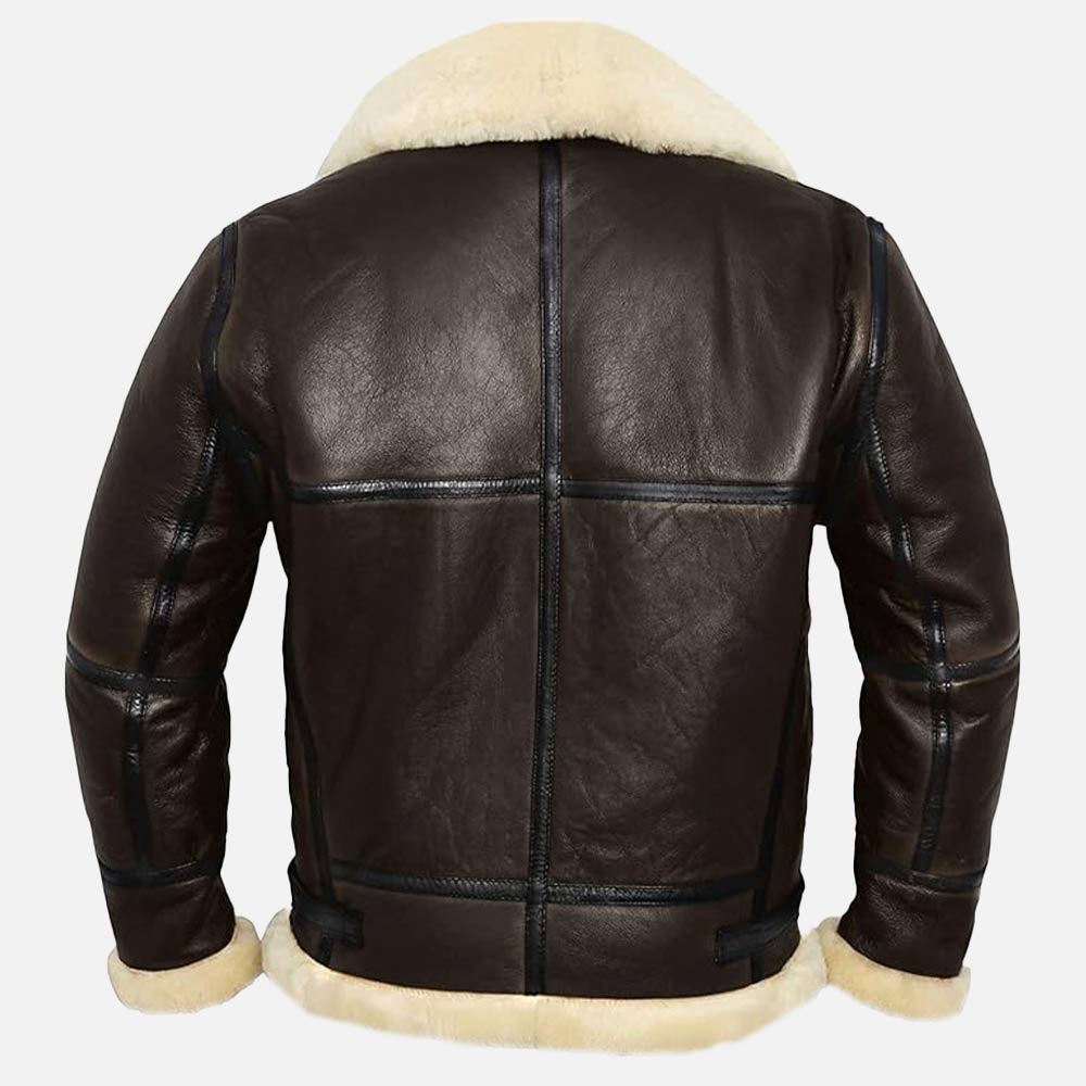 Brown leather jacket with white fur lining on a white background